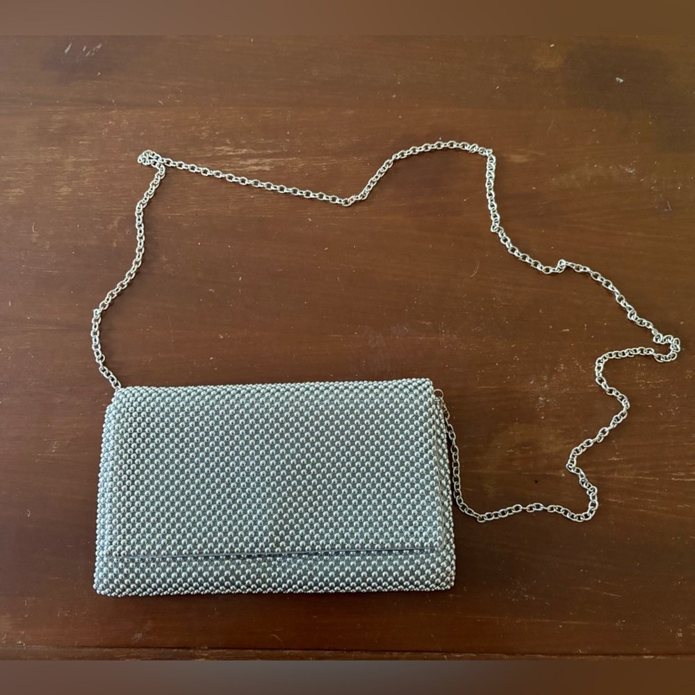INC Silver Beaded Clutch with Chain Strap